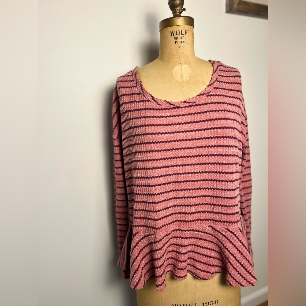 Anthropologie We the Free waffle knit top with ruffle and scoop neck